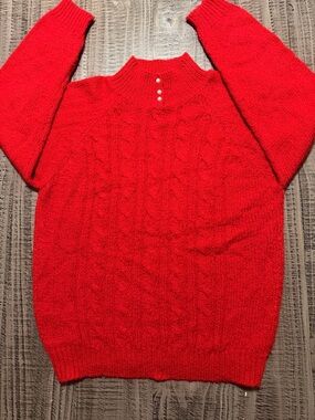 Women's Red Cable Knit Turtleneck Sweater with Pearl Buttons